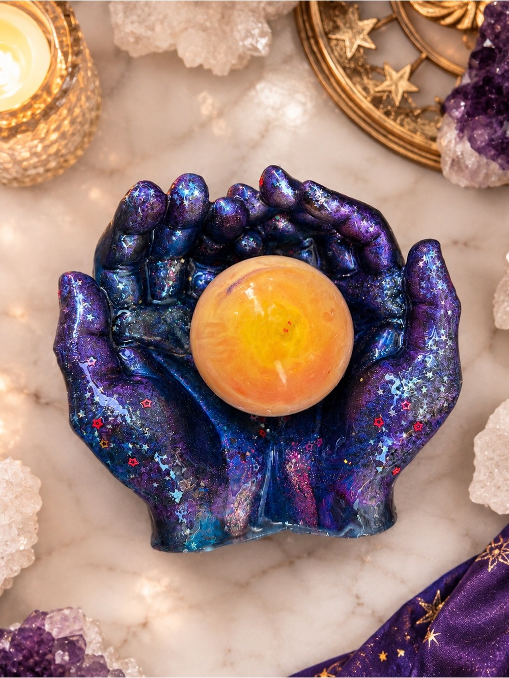 Handmade Mystic Galaxy Hands Decorative Bowl in Purple